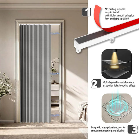 Accordion Door Curtain With Adhesive Track 100 Percent Blackout For Bedroom Closet Or Room Divider Gray 43 Inch Wide By 78 Inch Long Faux Linen Look No Rod Needed Easy Install Interior Doorway Curtain