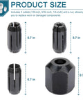 Replacement Collet And Nut Kit For RotoZip Spiral Saw Tools And Drywall Routers with three collets and nut dimensions.