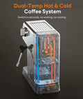 Side view of a compact espresso machine with milk frother and touchscreen, 20 bar pressure, 1400W fast heat, stainless steel coffee maker.