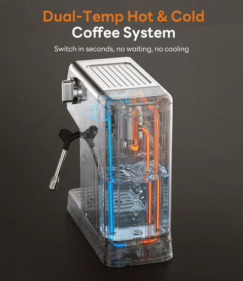 Side view of a compact espresso machine with milk frother and touchscreen, 20 bar pressure, 1400W fast heat, stainless steel coffee maker.