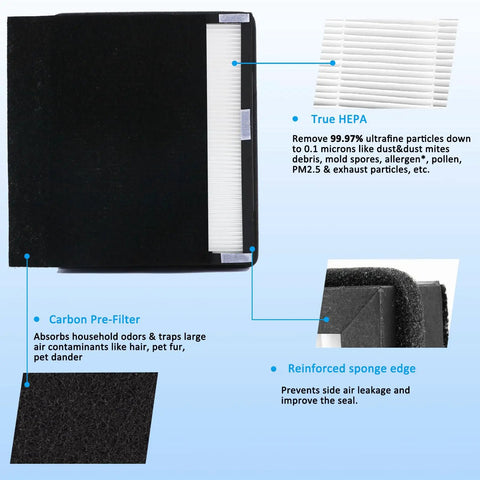 Two Pack H13 True Replacement Filter With Carbon Pre-Filters showing True HEPA and carbon pre-filter components