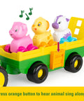 Animal Sounds Wagon Ride Musical Tractor Toy Set with 3 colorful farm animals in a green wagon, perfect Easter basket stuffer.