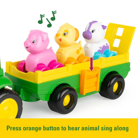 Animal Sounds Wagon Ride Musical Tractor Toy Set with 3 colorful farm animals in a green wagon, perfect Easter basket stuffer.