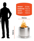 Diagram showing dimensions and weight of Bonfire Smokeless Fire Pit With Stand, 19.5 Inch Portable Stainless Steel Wood Burning Outdoor Fireplace.