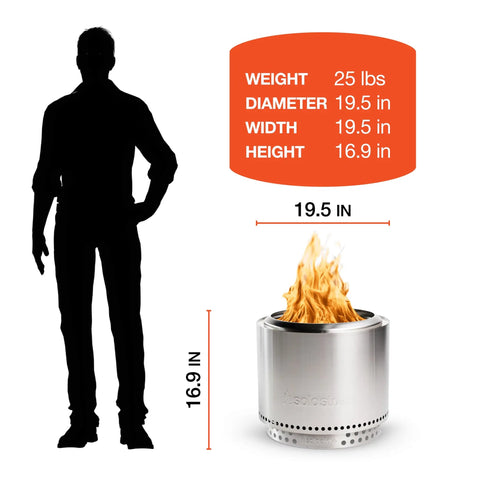 Diagram showing dimensions and weight of Bonfire Smokeless Fire Pit With Stand, 19.5 Inch Portable Stainless Steel Wood Burning Outdoor Fireplace.