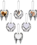 Sublimation Angel Wing Ornament Blanks Set With Metal Love Heart Pendant for personalizing car or home decor in silver.