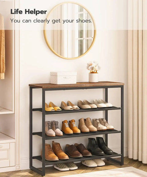 4 Tier Shoe Rack Storage Organizer With Three Oxford Fabric Shelves And Top Panel Space Saving Setup For Entryway And Closet