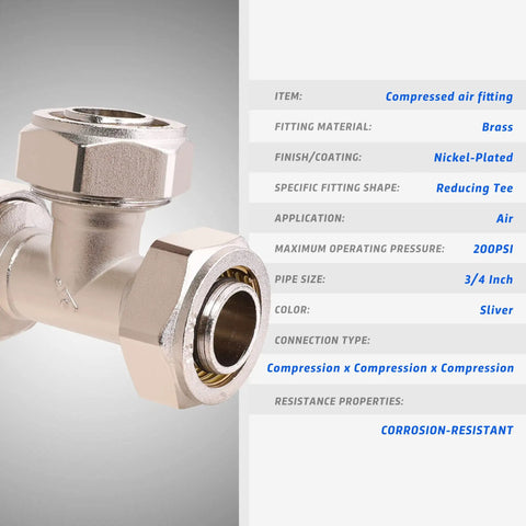 Three Quarter Inch Air Piping Tee Fittings, Nickel Brass Plated, 200 PSI Working Pressure, Quick Connect Compression