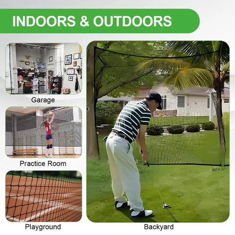 12x12 Ft Golf Practice Netting With Thick Border For Backyard And Garage displayed in various training environments.