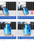 ACFAN 12-piece tile diamond hole saw kit; blue brazed diamond core saw attached to drill, four-step drilling guide.