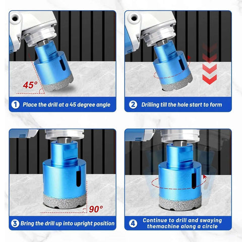 ACFAN 12-piece tile diamond hole saw kit; blue brazed diamond core saw attached to drill, four-step drilling guide.