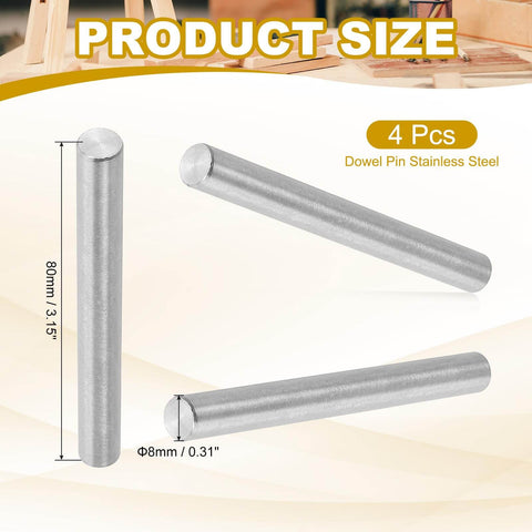 Image showing product dimensions and visual details of Eight Mm By Eighty Mm Dowel Pin Set Of Four In 304 Stainless Steel Silver, 4 pcs.