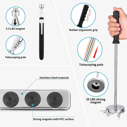 Telescoping Magnetic Sweeper Set With 35 Lb Magnet 3.5 Lb Magnetic Pick Up Tool Rectangle Magnetic Bowl Tray features stainless steel and rubber ergonomic grip