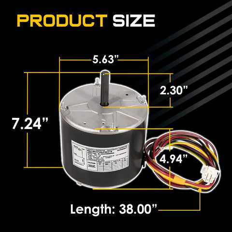 Condenser Fan Motor Replacement for Your HVAC System Swap In 1 Quarter HP 208-230V 850 RPM 1-Phase Clockwise Lead End Interchange Direct Fit THGF36S41S3A THGF60S41S3A For Heat Pumps with dimensions and wiring visible.