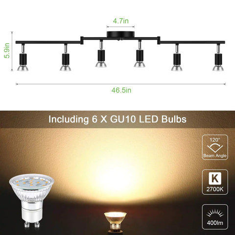 Diagram of Six Light LED Track Lighting Kit In Black With Flexible Heads and GU10 Bulbs 4W Each Warm White 2700K 400LM