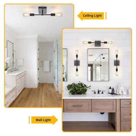 Two Pack Black Industrial Vanity Light Fixtures Over Mirror Sconces For Bathroom Hallway Bedroom Living Room Modern Vertical Vintage Metal Wall Lamps Matte Black Finish, shown in a bathroom setting.