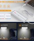 Five Pack USB Rechargeable LED Closet Lights With Motion Sensor And Remote shown charging via USB near laptop with lighting modes.
