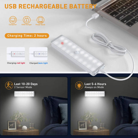 Five Pack USB Rechargeable LED Closet Lights With Motion Sensor And Remote shown charging via USB near laptop with lighting modes.