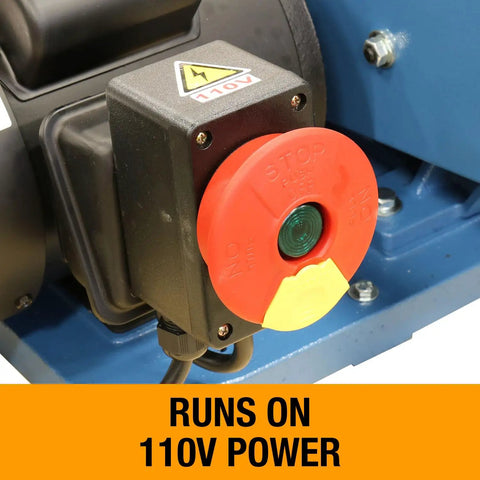 Badass 2 X 48 Two Wheel Belt Grinder Brings 8000 Sfpm Punch On Regular 110v Outlet For Serious Metal Crafting Jobs showing 110v power switch and motor detail.