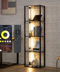Fancy LED Display Shelf With Dimmable Lights, Modern Floor Lamp Cabinet With Four Adjustable LED Poles in a living room setting