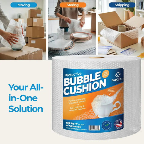 12 Inch Wide Bubble Cushioning Wrap Roll For Packing And Moving, 175 Feet Long, Perforated Every 12 Inches, Clear Protective Wrap