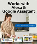 Hella Crisp 2K Wireless Smart Video Doorbell With Built In Chime and speaker, woman using it in a modern kitchen.