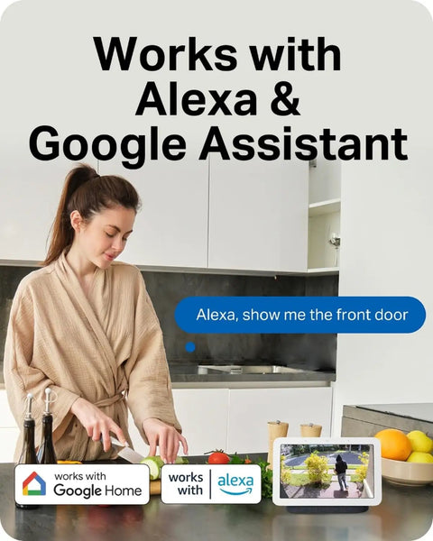 Hella Crisp 2K Wireless Smart Video Doorbell With Built In Chime and speaker, woman using it in a modern kitchen.