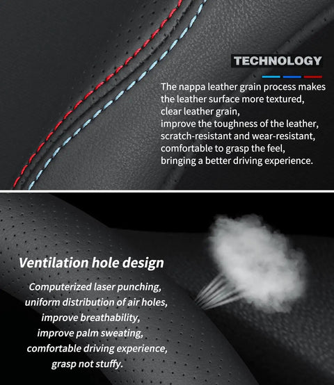 Close-up of Top Shelf Nappa Leather Steering Wheel Cover Compatible With BMW 15 Inch Standard Wheels showing stitched texture and ventilation holes.