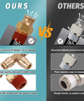 Air hose brass fittings kit, 1/4" size; side-by-side comparison: left CA360 brass with red sealant, right inferior metal fittings.