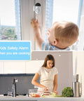 Child reaching for door sensor, woman cooking; 8 Pack Door And Window Alarm Sensor Set With 120dB Siren, Battery Powered No Wiring Home Security