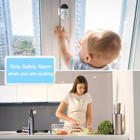 Child reaching for door sensor, woman cooking; 8 Pack Door And Window Alarm Sensor Set With 120dB Siren, Battery Powered No Wiring Home Security