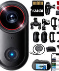Ultra Compact 4K Sports Action Camera With 140 Degree Wide Angle and accessories, including mounts, 128GB card, and phone app view.