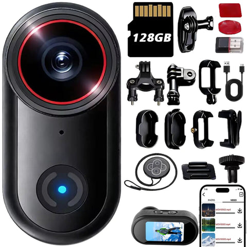 Ultra Compact 4K Sports Action Camera With 140 Degree Wide Angle and accessories, including mounts, 128GB card, and phone app view.
