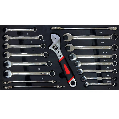 Ratchet combination wrenches and adjustable wrench in a compact layout for Rock Solid 20 Inch Portable Metal Toolbox.