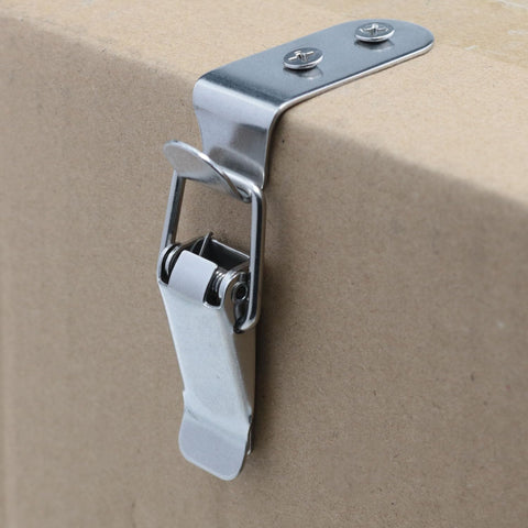 Close-up of Built Tough 304 Stainless Steel 90 Degree Toggle Latch Set attached to box, showing rust-resistant hardware.