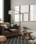 Arc Floor Lamp With Cantilever Arm For Couch And Reading Nook, Adjustable Height, Natural Linen Drum Shade, Matte Black Metal Pole, Foot Switch in living room