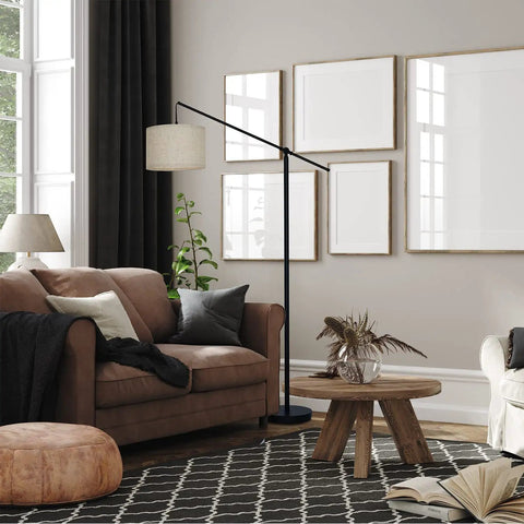 Arc Floor Lamp With Cantilever Arm For Couch And Reading Nook, Adjustable Height, Natural Linen Drum Shade, Matte Black Metal Pole, Foot Switch in living room
