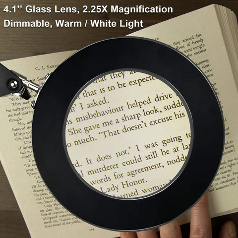 LED Magnifying Desk Lamp With Clamp, Dimmable 3 Lighting Modes, 10W Task Light, 5 Diopter 4.1 Inch Glass Lens, 225 Percent Magnification