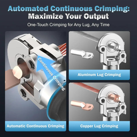 6 Ton Electric Hydraulic Crimping Tool With Dual 18V Quick Swap Batteries For Smooth Continuous Wire Lug Application showcasing continuous crimping feature.