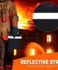 Firefighter holding Bombproof Fireproof Document And Money Bag Set, Waterproof Safe Pouch With Zipper, in front of a burning building.