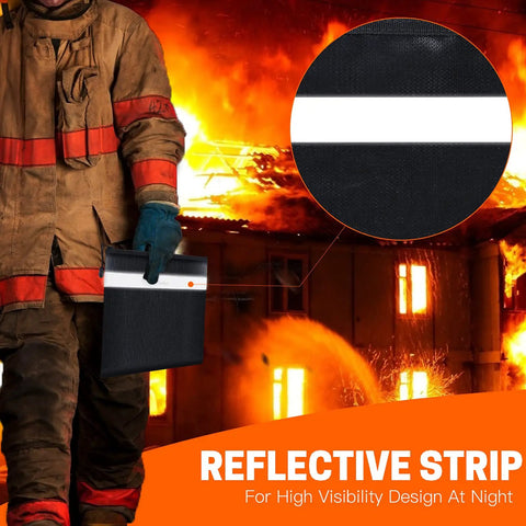 Firefighter holding Bombproof Fireproof Document And Money Bag Set, Waterproof Safe Pouch With Zipper, in front of a burning building.