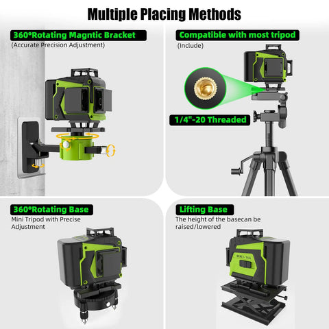 16 Line Laser Level With Tripod Pro Grade 51 Inch Aluminum Tripod Included 360 Degree Self Leveling Laser Level For Fast Accurate Layouts In Framing Tiling Cabinets And DIY Projects, shown with rotating bracket and tripod mount