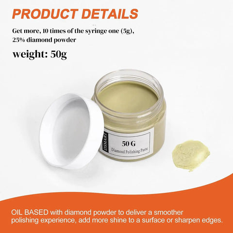 Pro Grade 3000 Grit Diamond Polishing Paste, 50G jar with open lid, 25% diamond powder, displayed next to a sample on surface