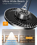 Powerful 350W UFO LED High Bay Lights 8 Pack With 52,500 Lumens, 5000K Cool White Aluminum Fixture demonstrating wide beam angle
