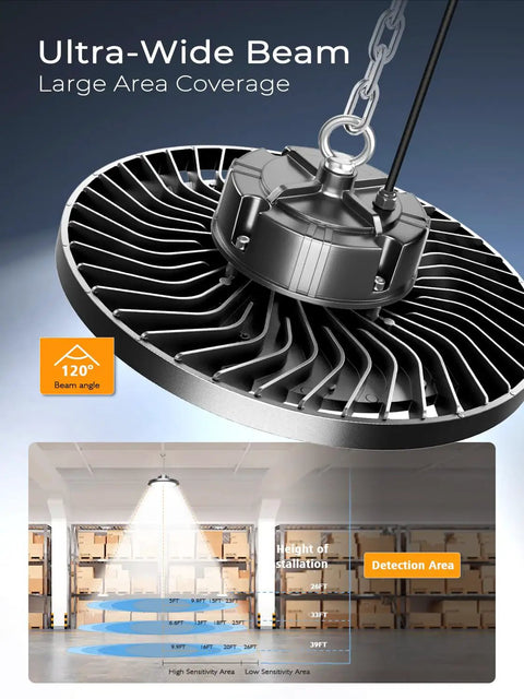 Powerful 350W UFO LED High Bay Lights 8 Pack With 52,500 Lumens, 5000K Cool White Aluminum Fixture demonstrating wide beam angle
