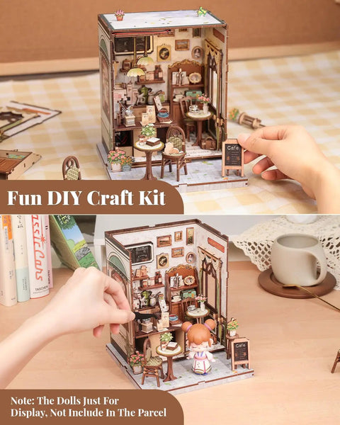 Sunny Cafe Book Nook Kit DIY Cozy Miniature House for adults and teens with LED light displayed on table