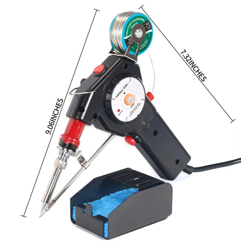 Pro Grade Motorized Automatic Feed Soldering Gun With Variable Temperature 392 To 842 Fahrenheit For One-Handed Soldering, 6-In-1 Kit shown with dimensions