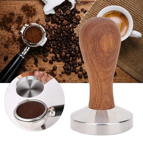 58mm Stainless Steel Coffee Tamper with Wooden Handle next to espresso and coffee beans