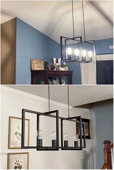 4 Light Modern Farmhouse Kitchen Island Chandelier Matte Black Industrial Pendant Lighting For Dining Room Bar And Living Area With Adjustable Height And Open Geometric Frame To Nail That Bar Vibe, shown from side angle.