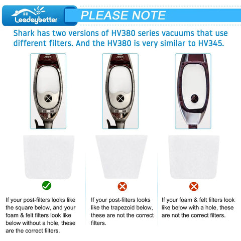 Guide showing compatible post-filters and foam filters for Shark Rocket DuoClean Vacuum Filter Replacement Set Must Have for HV380 series.
